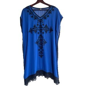 Royal Blue Embroidered Tunic Cover Up Crochet Dress Size 10 ResortWear SoftGoth